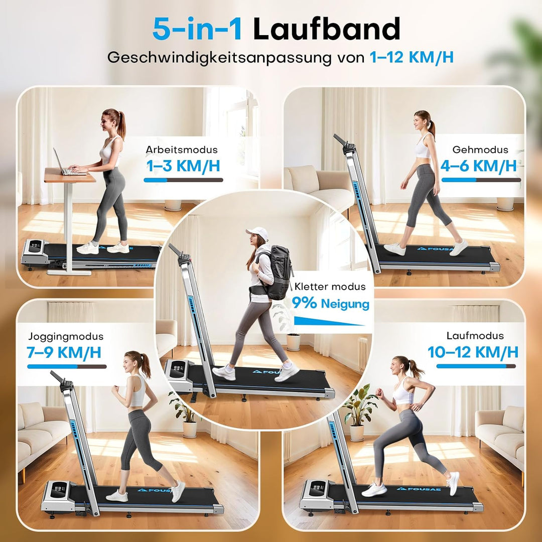 Laufband für Zuhause, 5 in 1 Walking Pad, 12km/h Klappbar Laufband mit 9% Steigung, 2.75HP bürstenlo
