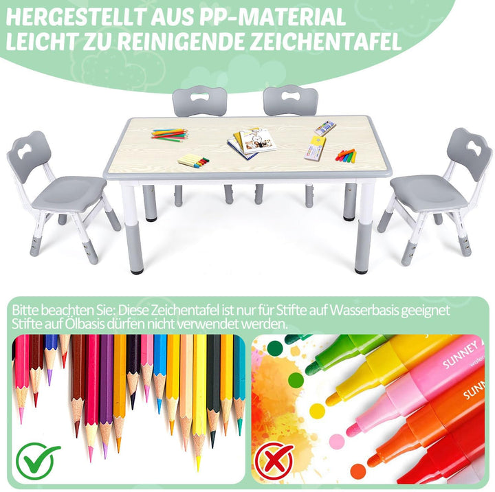 Verstellbares Kinder Schreibtisch Set mit 1 Tisch und 4 Stühlen - Höhenverstellbar, Multifunktional,