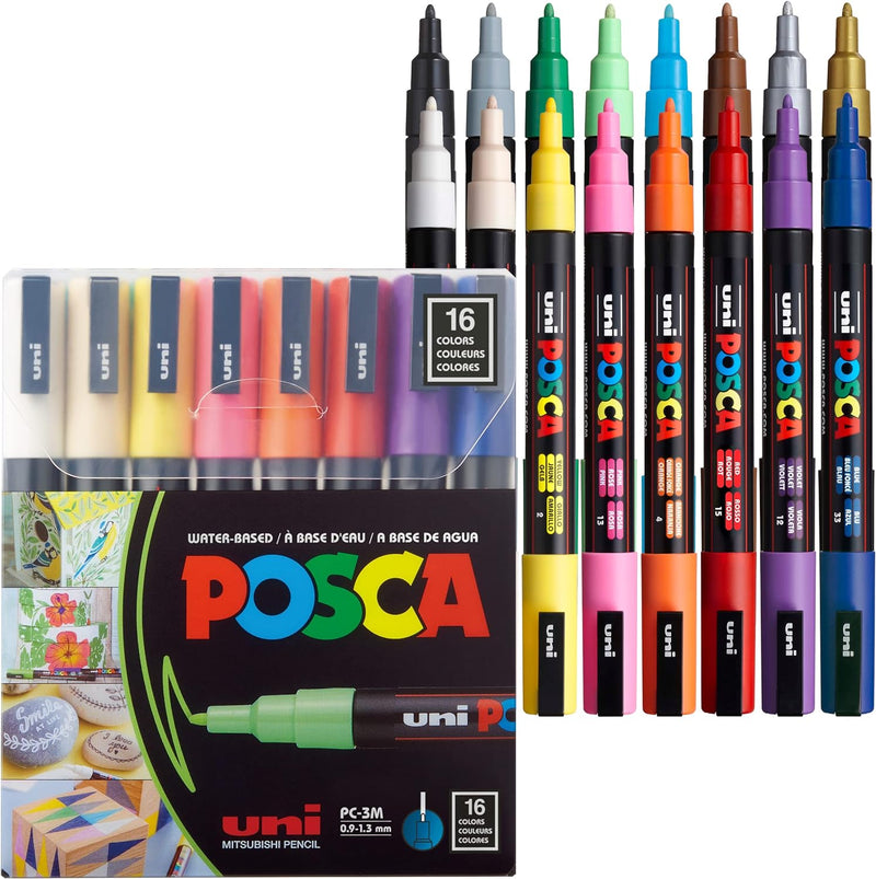 uni-ball 186516 - POSCA Marker mit feiner Rundspitze, 16er Set, Grundfarben