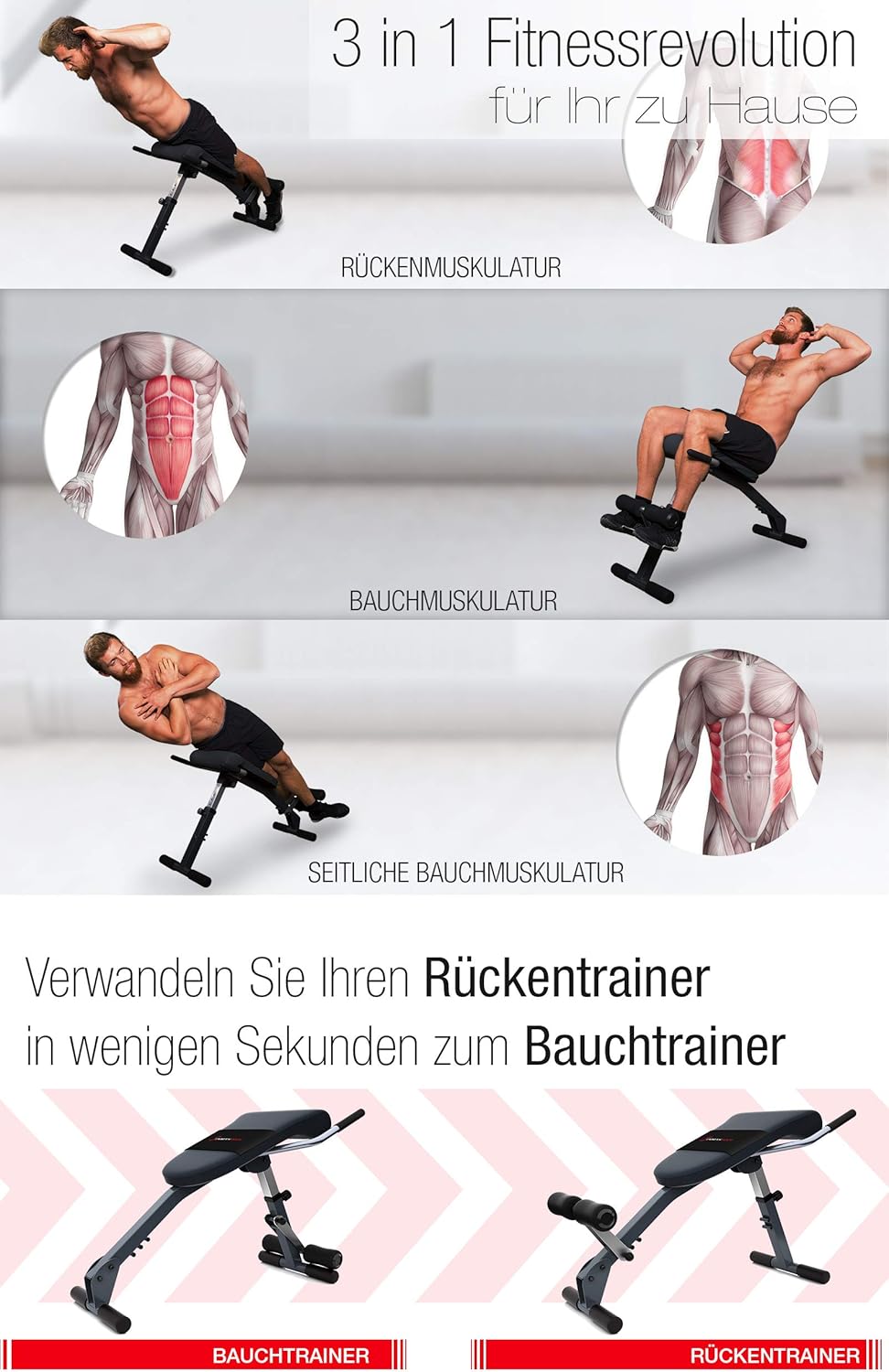 Sportstech einzigartiger 3in1 Rücken- & Bauchtrainer, Schrägbank Hantelbank klappbar, Multifunktion
