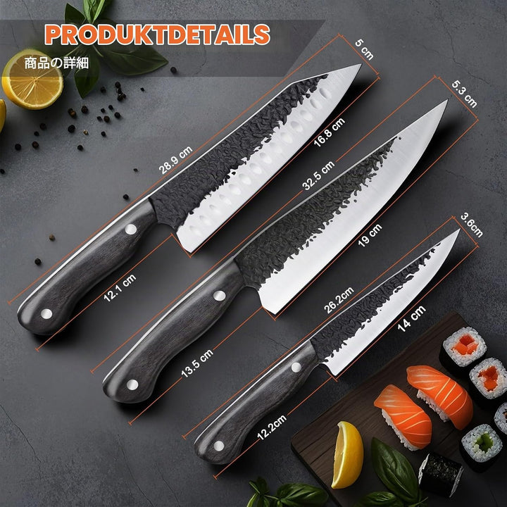 Purple Dragon Kochmesser-Set-3-teilig Professionell Messerset Küchenmesserset mit ergonomischem Grif