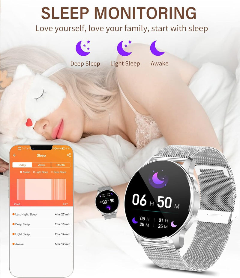 niolina Smartwatch Damen mit Telefonfunktion,1.32 Zoll HD Voll Touchscreen Armbanduhr mit Pulsmesser