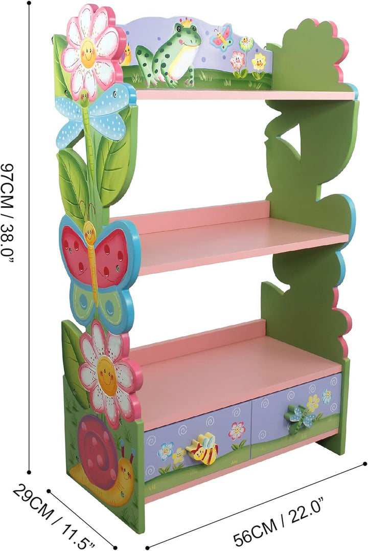Teamson Kids Fantasy Fields Grosses Magic Garden Kinder-Bücherregal aus Holz, 3-stöckiges Bücherrega