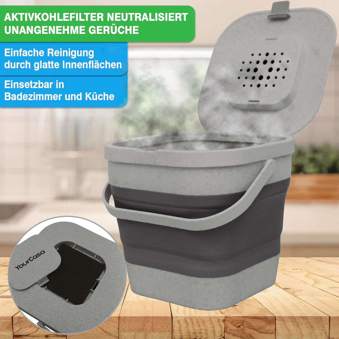 YourCasa® Faltbarer Biomülleimer 4L - kompakter Bio Mülleimer mit geruchsdichtem Aktivkohlefilter-De