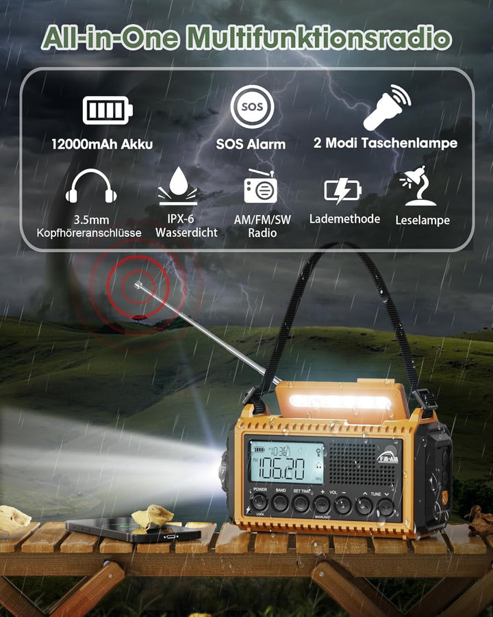 Roxicosly Kurbelradio, Notfallradio mit 12000-mAh Power Bank, AM/FM/SW Baustellenradio, Kurbel & 5-W