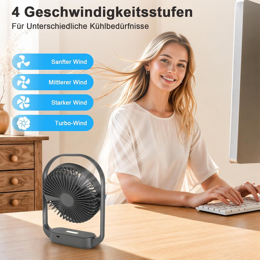 SURFOU Ventilator 4000mAh Akku, Kabelloser Tischventilator mit 4 Stufen und 2 Nachtlicht-Modi, USB-C