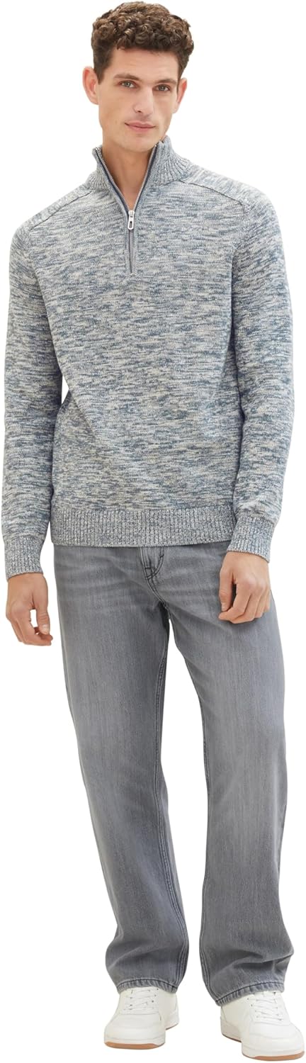 TOM TAILOR Herren Troyer Strickpullover aus Baumwolle S 34251 - Dusty Dark Teal Mouline, S 34251 - D