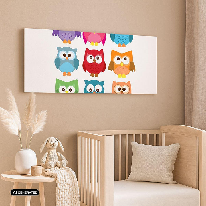 Wandbilder Dekoration Wohnzimmer Eulen Bunt Kinder Zeichnung Panorama Bilder auf Leinwand 120x50cm L
