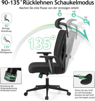 KERDOM Bürostuhl, Ergonomischer Schreibtischstuhl mit Verstellbarer Kopfstütze und Lendenwirbelstütz