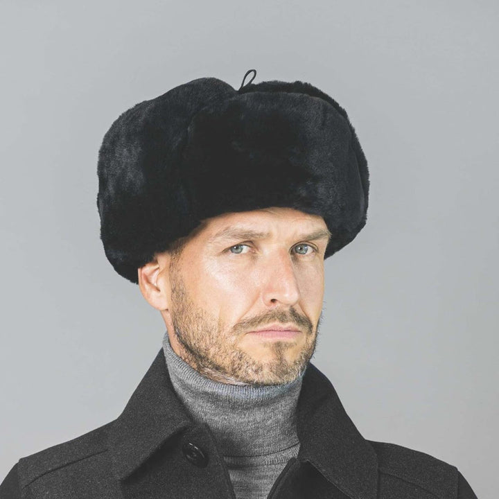 LIERYS Schiwago Pelzmütze Uschanka mit Steppfutter Russenmütze aus Leder Winter S-XXL M Schwarz, M S