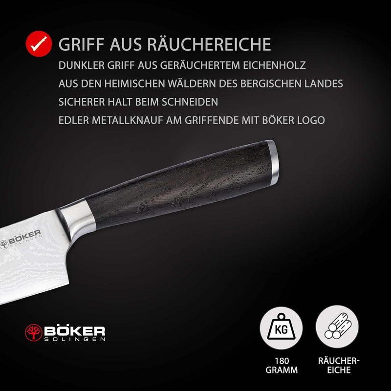 Böker SOLINGEN® Meisterklinge Damast Santoku - extrem scharfes Profi Kochmesser mit 16,5 cm Hybrid D