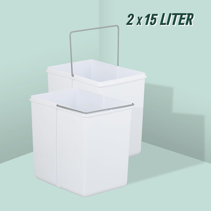 Relaxdays Einbaumülleimer, 2 Fächer, 2 x 15l, HBT: 35,1x34,3x48 cm, ausziehbar, Mülltrennsystem für