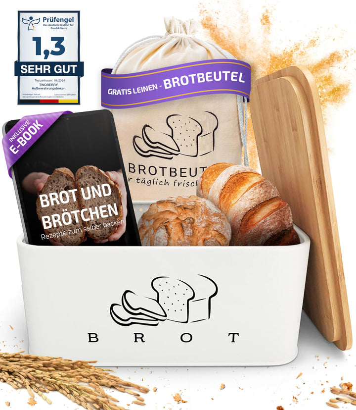 Brotkasten Weiss – Brotbox mit Bambusdeckel als Schneidebrett [2in1 Brotbehälter]- inklusive gratis