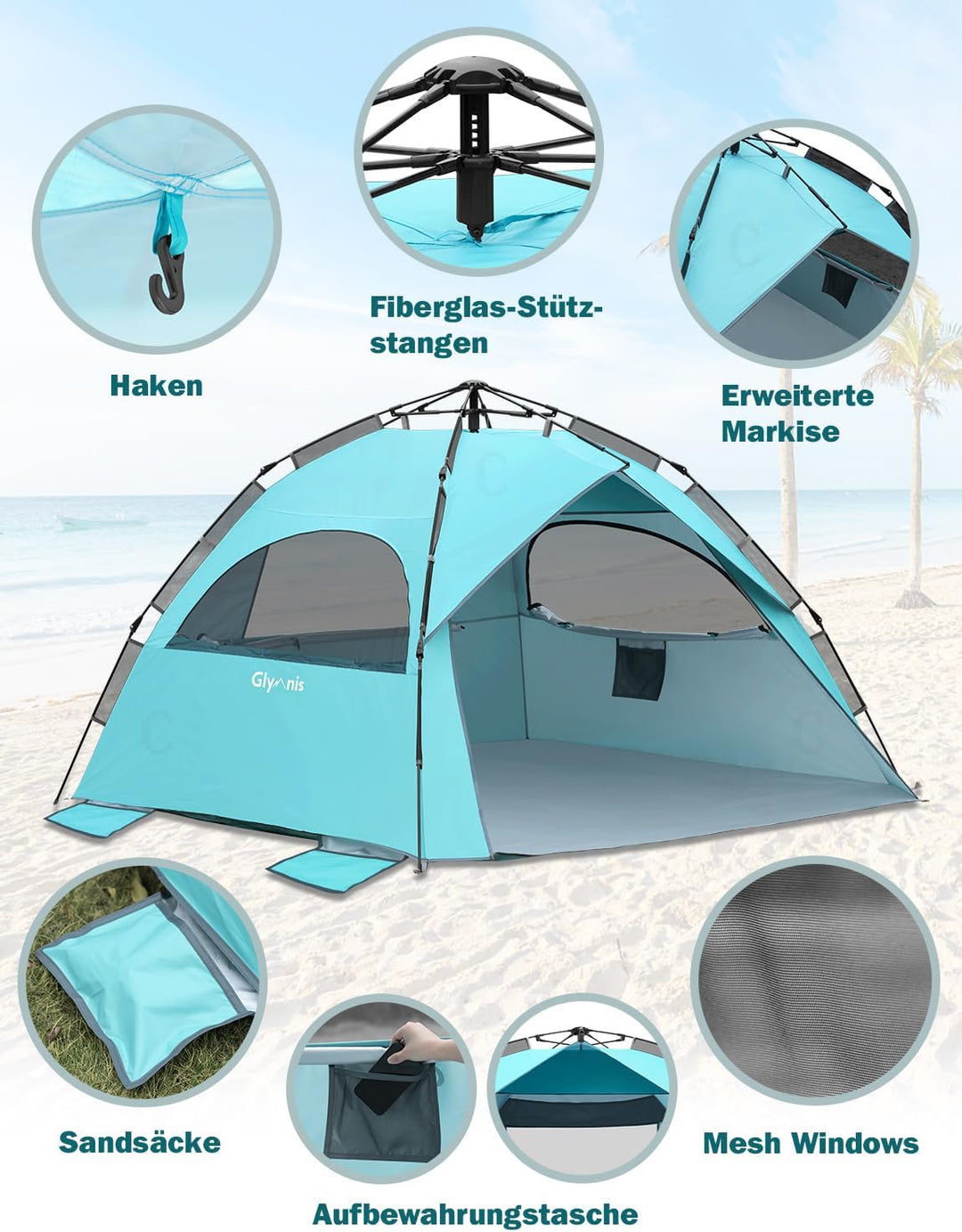 Glymnis Strandmuschel Quick Up Strandzelt Automatisches Strand Zelt UV-Schutz 50+ Windschutz kleines