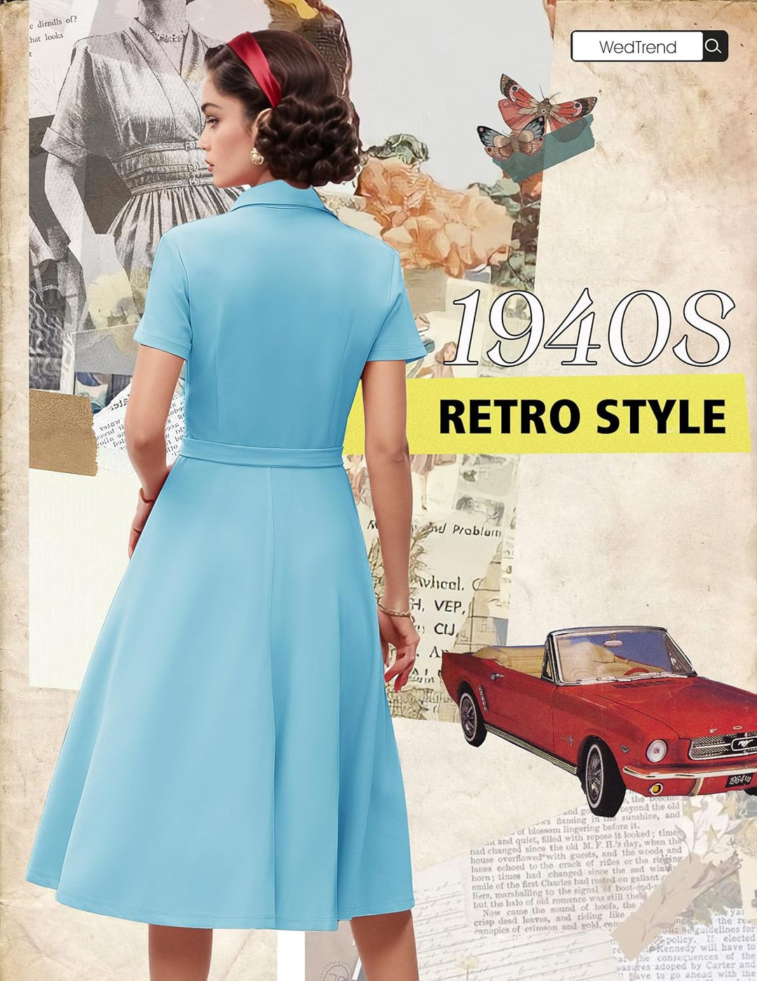 Wedtrend Vintage Cocktailkleid Damen A Linie Midilang V-Ausschnitt Abendkleid Elegant Freizeitkleide