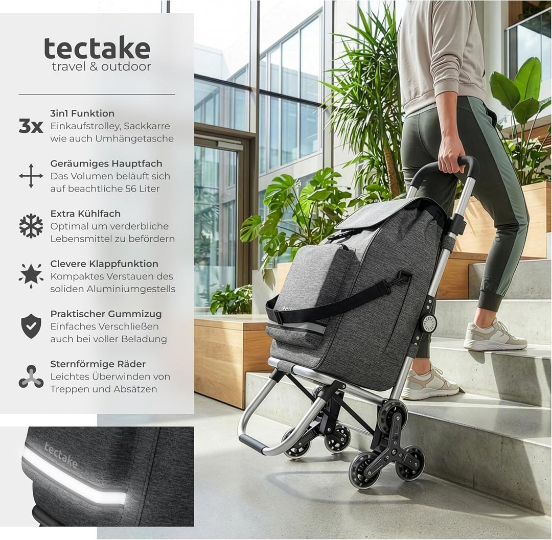 tectake® 3-in-1 Einkaufstrolley Treppensteiger, nutzbar als Umhängetasche, Sackkarre, Rollwagen klap