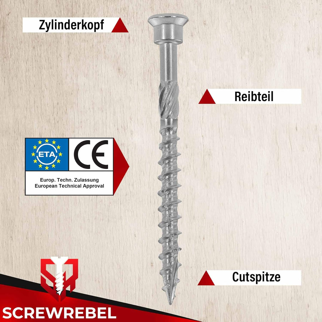 Terrassenschraube mit Zylinderkopf 4,0 x 40 mm, Edelstahl gehärtet - Stanzkopf Fassadenschraube mit