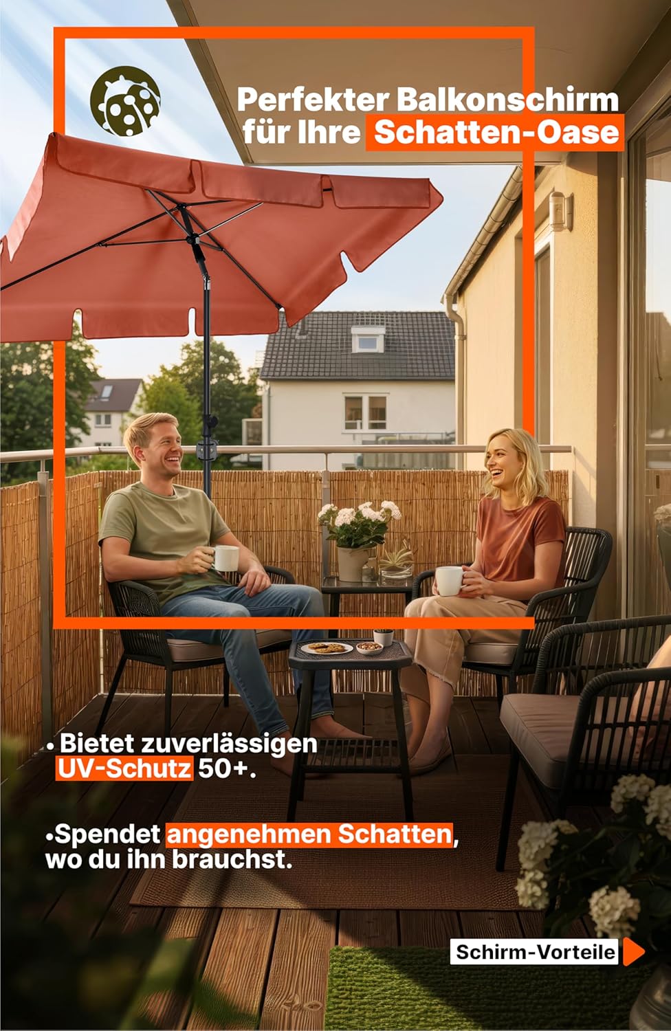 4smile Sonnenschirm Balkon 200 × 125 cm, Sonnenschirm rechteckig mit UPF 50+, 45° knickbar & höhenve