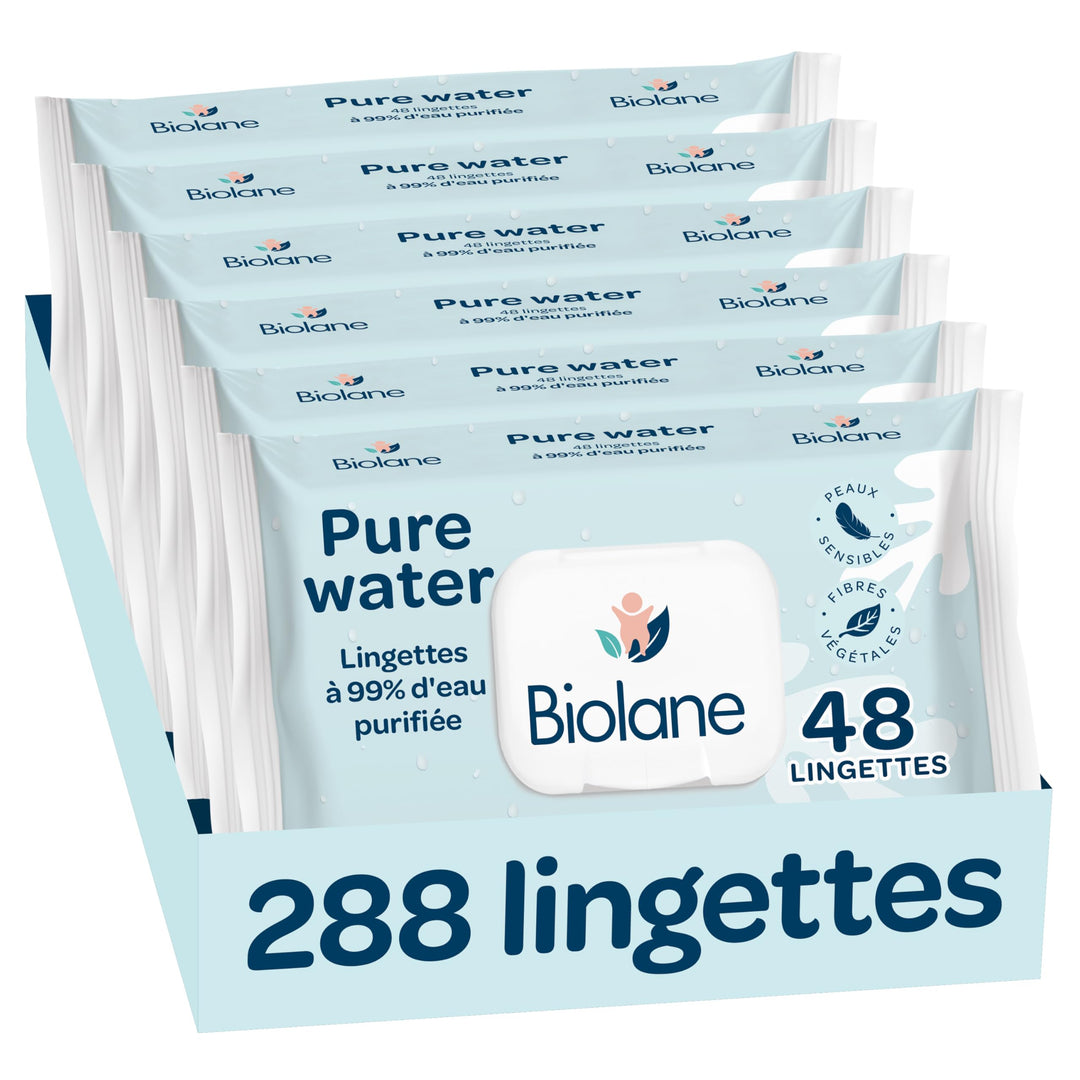 BIOLANE - Baby-Reinigungstücher Pure Water – 6 x 48 Stück (288 Tücher) – 99% gereinigtes Wasser – re