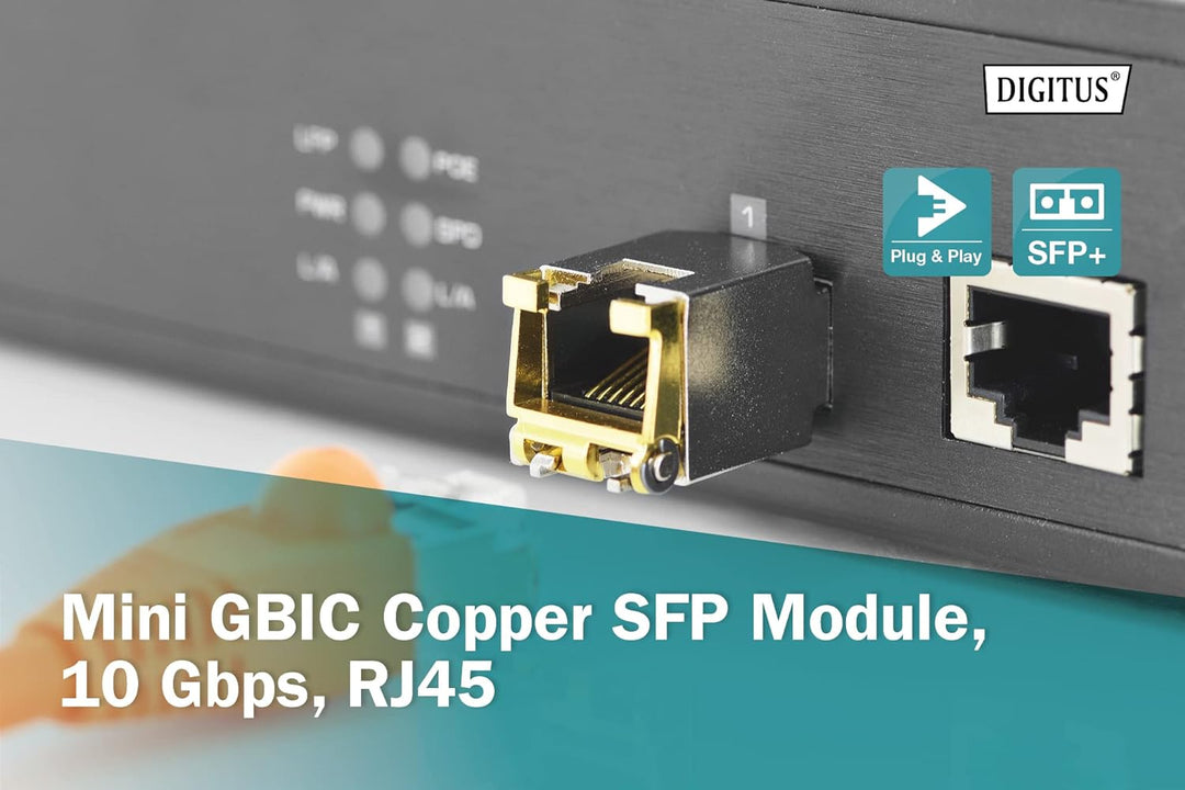 DIGITUS Gigabit SFP+ Modul für Cat 6A Kupfer Patchkabel, Mini GBIC, RJ45 Buchse, 10GBaseT, 100 Meter