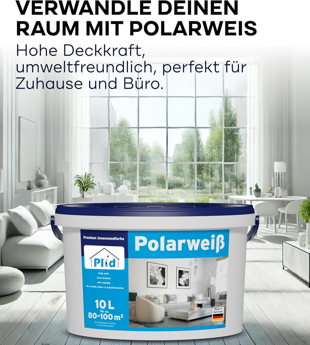 plid® Polarweiss Wandfarbe Weiss matt 10L [HOHE REICHWEITE] - Weisse Wandfarbe Polarweiss geruchsarm