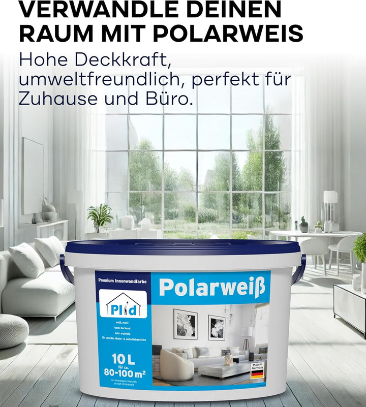 plid® Polarweiss Wandfarbe Weiss matt 10L [HOHE REICHWEITE] - Weisse Wandfarbe Polarweiss geruchsarm