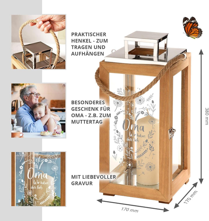 Laterne mit Gravur für Oma, Deko Kerzen Windlicht, Geschenk für Oma, Outdoor Garten Dekoration, Grav