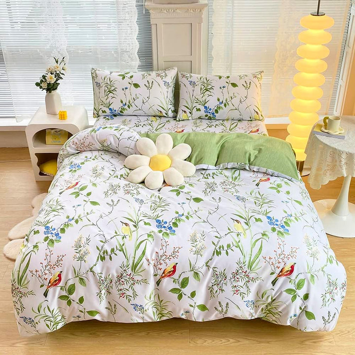 Luofanfei Bettwäsche 135x200 Weiss Grün Blätter Blumen Bunt Pflanzen Bettwäsche Set Mit Vögel Weich