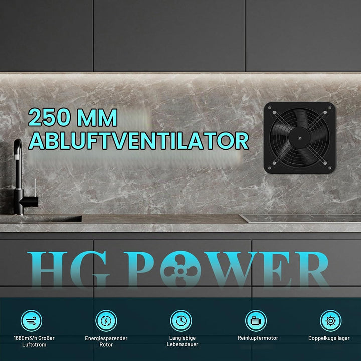 HG Power Abluftventilator 250mm - 1680m³/h Badlüfter Leiser mit Rücklaufklappe, Schalter, Stecker, 7