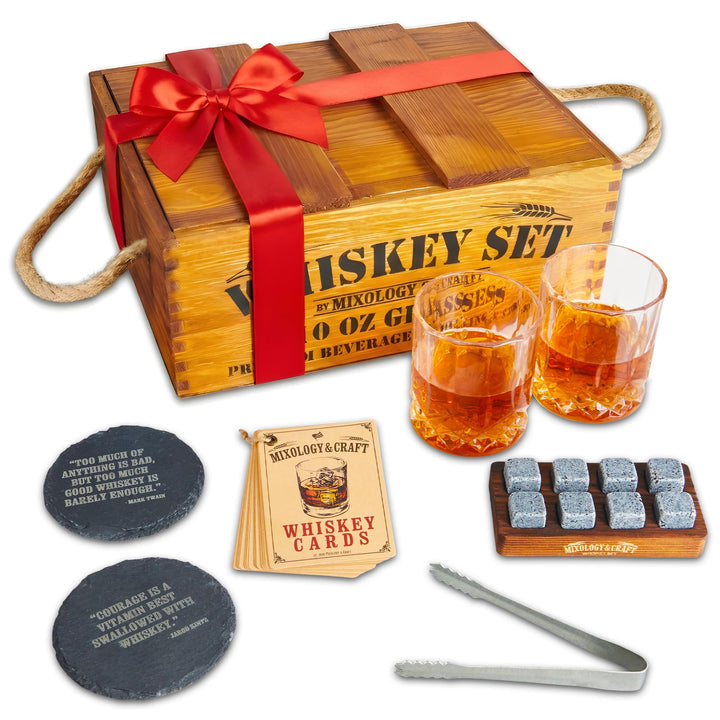 Mixology & Craft Whiskey Stones Geschenkset für Männer - 2 Gläser, 8 Kühlsteine & Holzkiste - Whiske