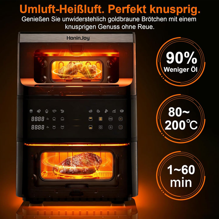 12L Air Fryer 2 Kammern,Vertikale Doppelkammer 10-in-1 Voreingestellten Programmen Heissluftfritteus