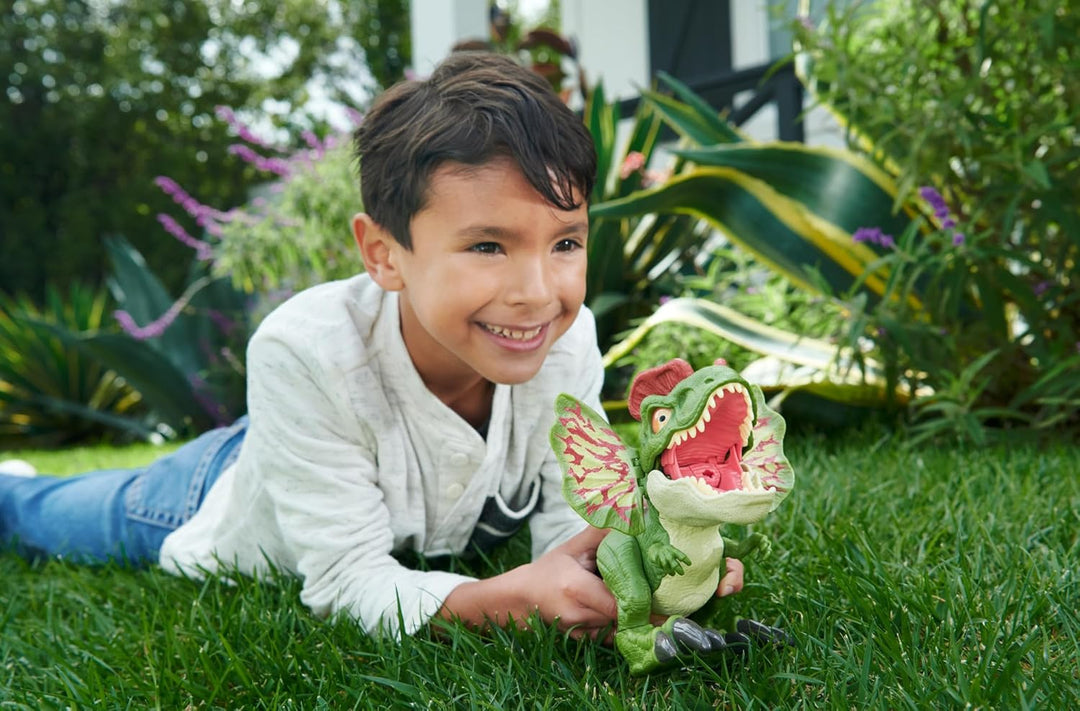 JURASSIC WORLD Dilophosaurus - Dinosaurierspielzeug mit Geräuschen und Pfeilen für wilden Kampfspass