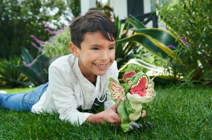 JURASSIC WORLD Dilophosaurus - Dinosaurierspielzeug mit Geräuschen und Pfeilen für wilden Kampfspass