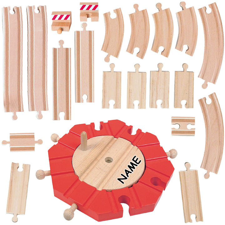 21 TLG. XL - Holz - Schienenset - für Eisenbahn/Holzeisenbahn - inkl. Name - passend für alle Schien