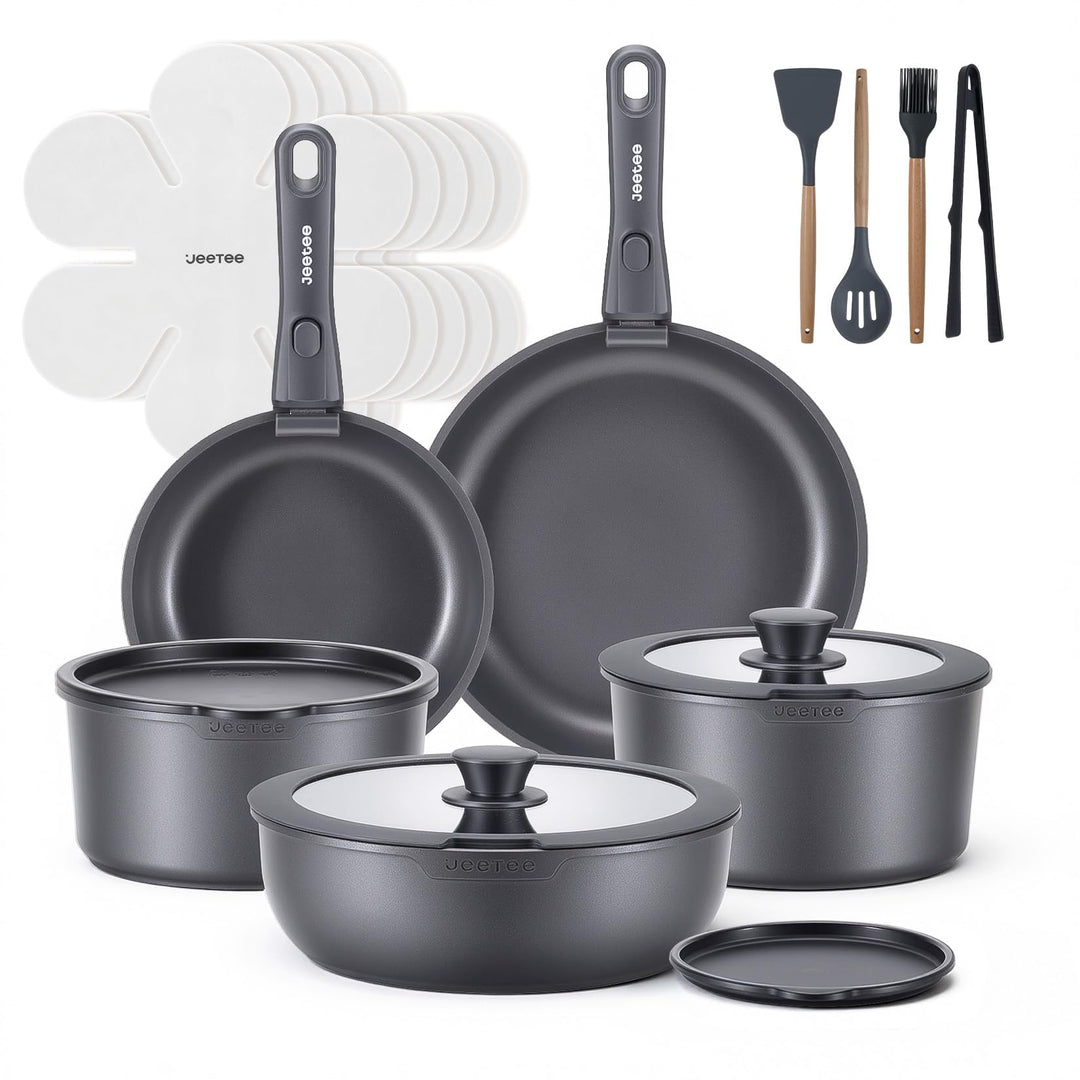JEETEE Topf und Pfannensets mit abnehmbarem Griff 20-Teilig, Titan-Antihaft Pfanneset, Topfset Induk