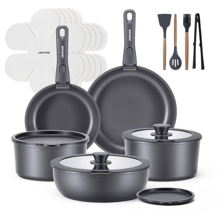JEETEE Topf und Pfannensets mit abnehmbarem Griff 20-Teilig, Titan-Antihaft Pfanneset, Topfset Induk