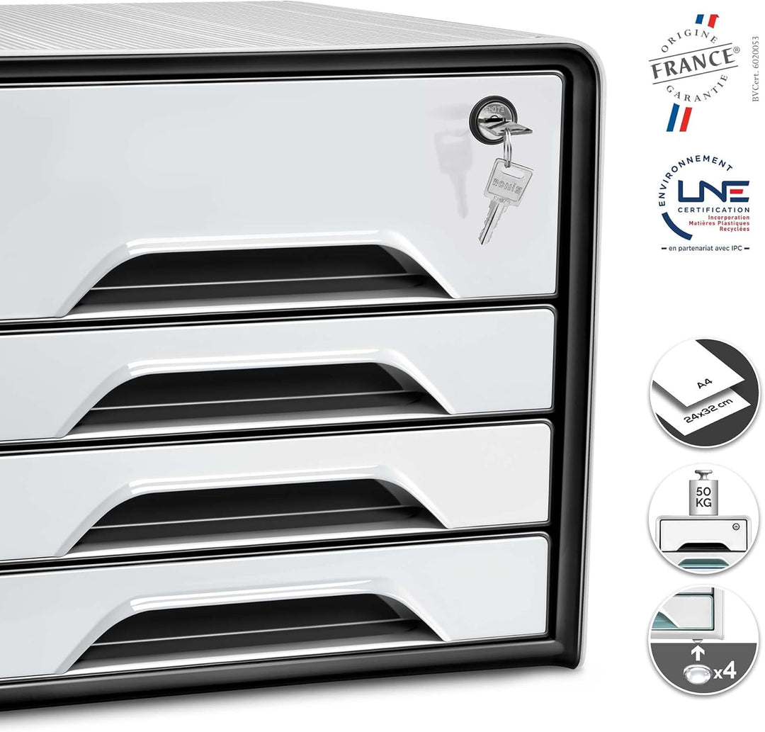 CEP Schubladenbox Secure mit 4 Schubladen und Zylinderschloss 7-311 S, Weiss Weiss / Schwarz, Weiss