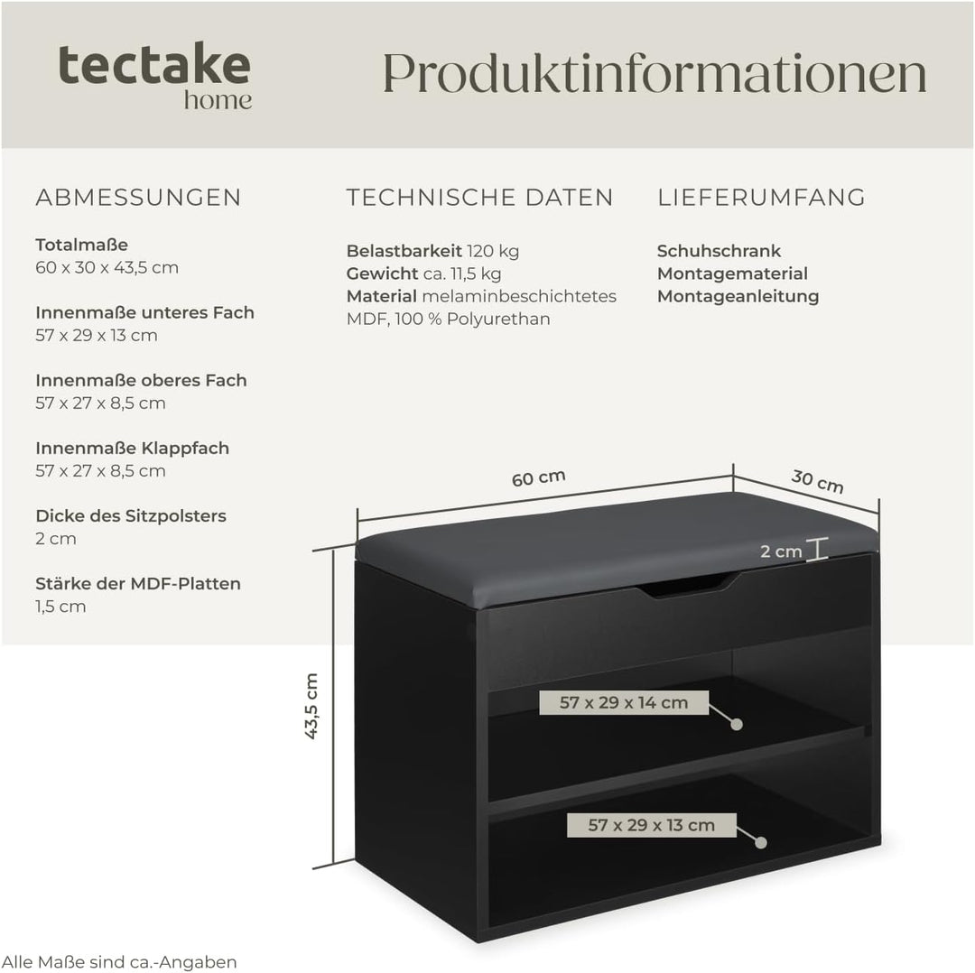 tectake® Schuhschrank mit Sitzbank, Schuhregal, Sitzbank mit Stauraum, Garderobe, Garderobenschrank,