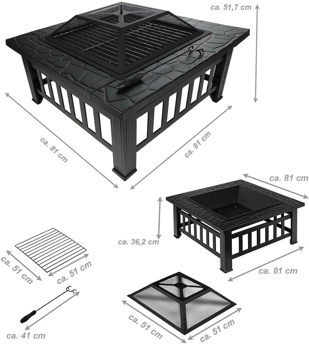 Feuerstelle für Terrasse und Garten in dekorativer Steinoptik, Terrassenofen und Grill mit Grillrost
