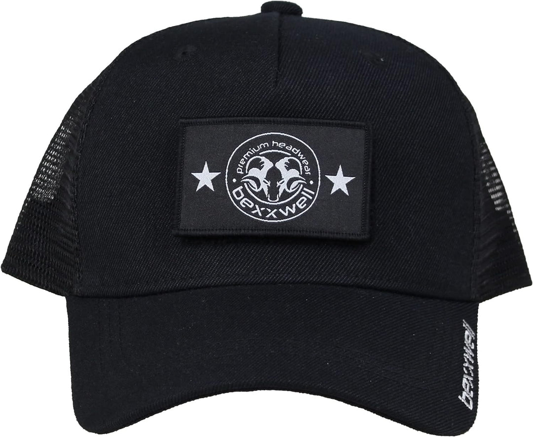Bexxwell Trucker Cap schwarz mit Klett-Patch (optimale Passform, Kappe, Black, Truckercap, Logo, Cap