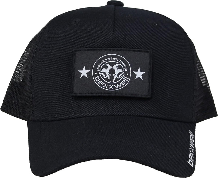 Bexxwell Trucker Cap schwarz mit Klett-Patch (optimale Passform, Kappe, Black, Truckercap, Logo, Cap
