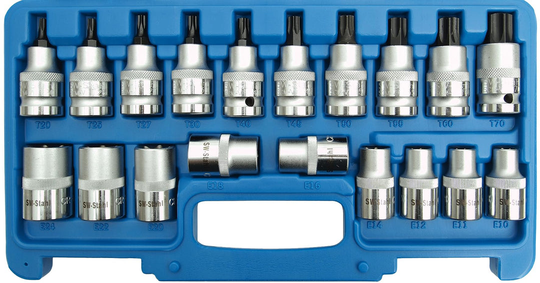 SW-Stahl Schraubendreheinsätze T und E-Profil, 19-teilig, 1/2 Zoll T 30 - T 70 / E 10 - E 24, 04180L