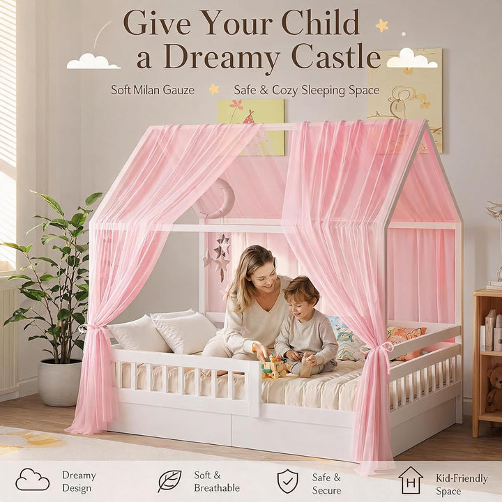 Hausbett Himmel Set, 2 Stück Betthimmel Hausbett, Leichter Atmbar Mailänder Gaze Himmelbett Vorhänge