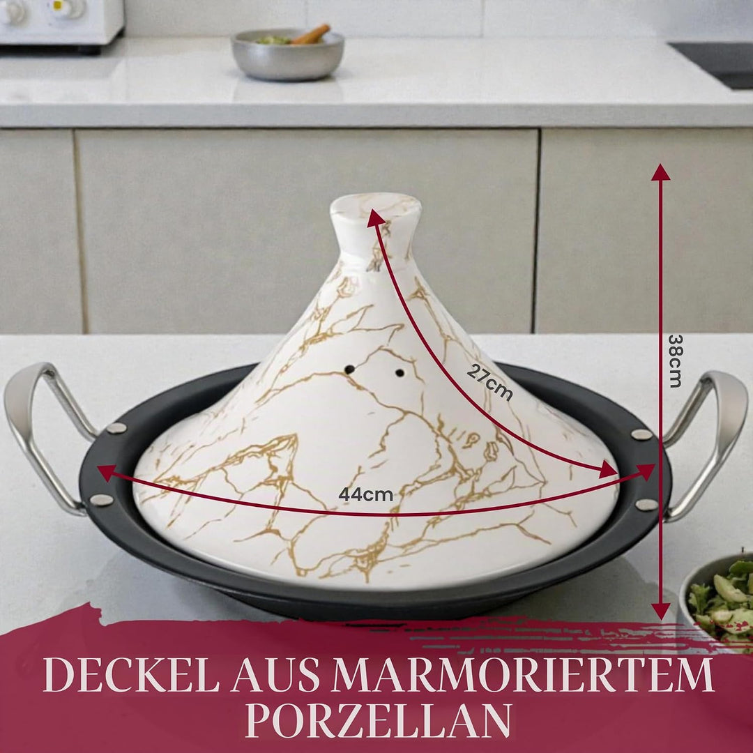 Royal Swiss Tajine 38 cm – Edelstahl mit Keramikdeckel & Dampfventil | Für Induktion, Gas, Ofen & Mi