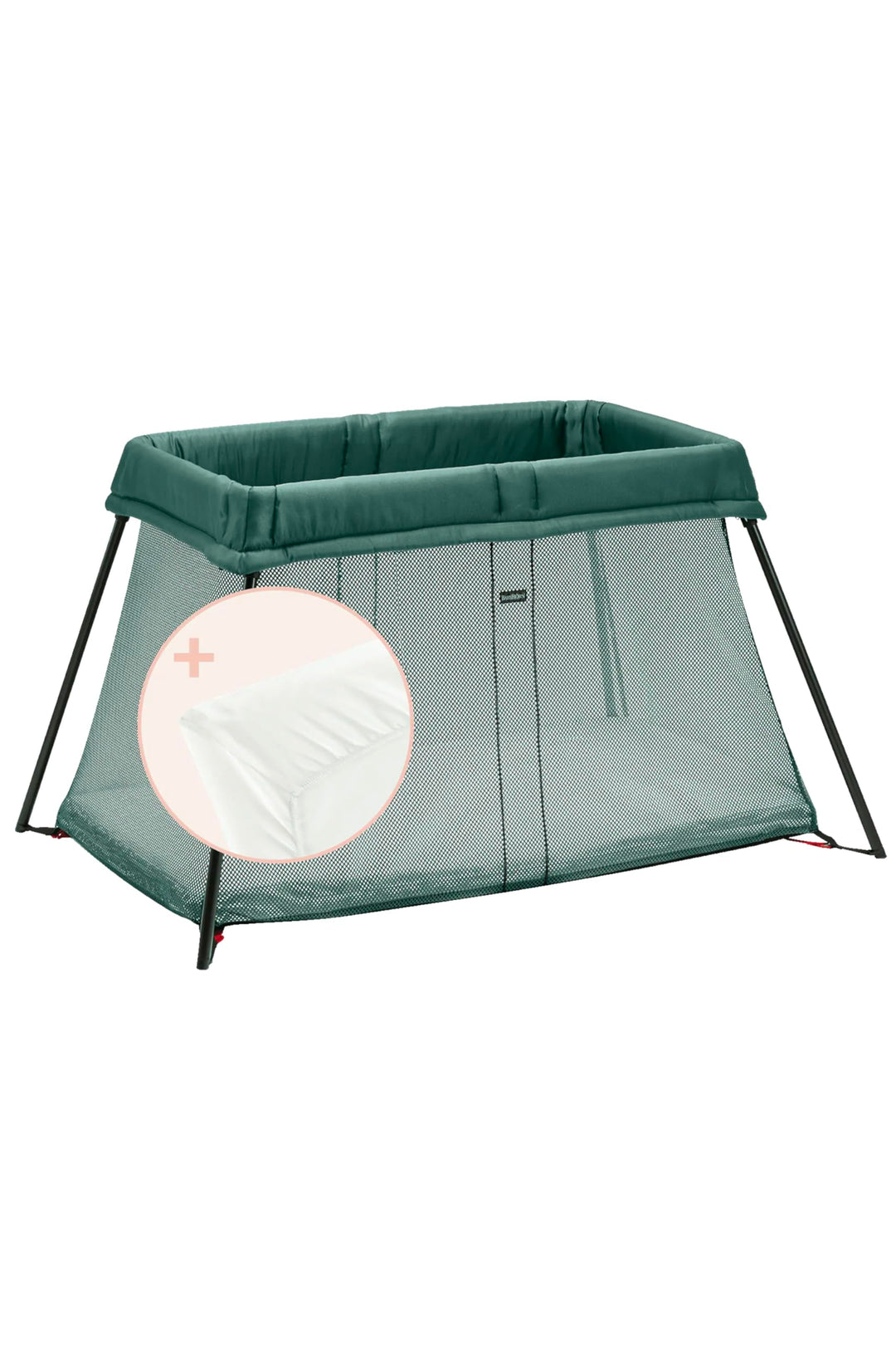 BabyBjörn Reisebett Light mit Spannbetttuch, Dunkelgrün/Baumwolle, Weiss, 1.0 Count