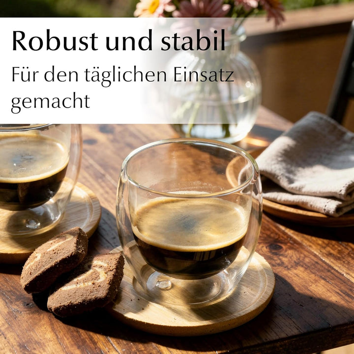 MIAMIO - Espressotassen 6er Set/doppelwandige Espresso Gläser/ohne Henkel/mit Untersetzer/Glas/dickw