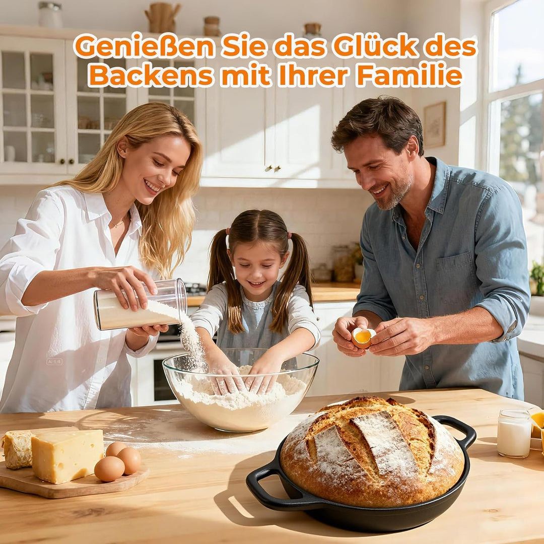 Gusseisen Topf Brot Backen,4,7L Bräter Schmortopf mit Deckel,24 cm Dutch Oven,Brotbacktopf mit Silik