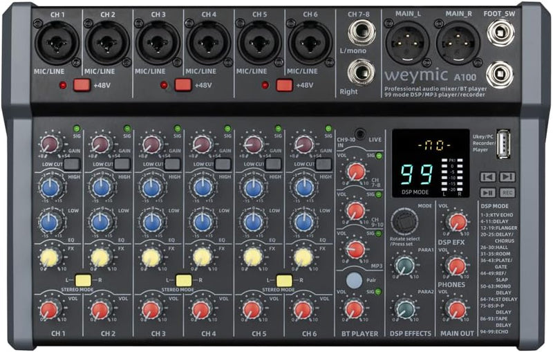 Weymic Professioneller Mixer der A-Serie für die Aufnahme von DJ-Bühne, Karaoke-Musik, mit USB-Laufw