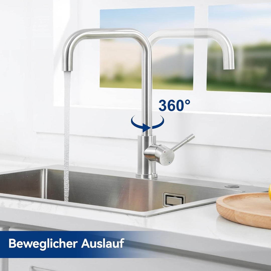 CECIPA Niederdruck Armatur Küche, 360° Drehbare Küchenarmatur Niederdruck, Wasserhahn mit 3xG3/8 Ans