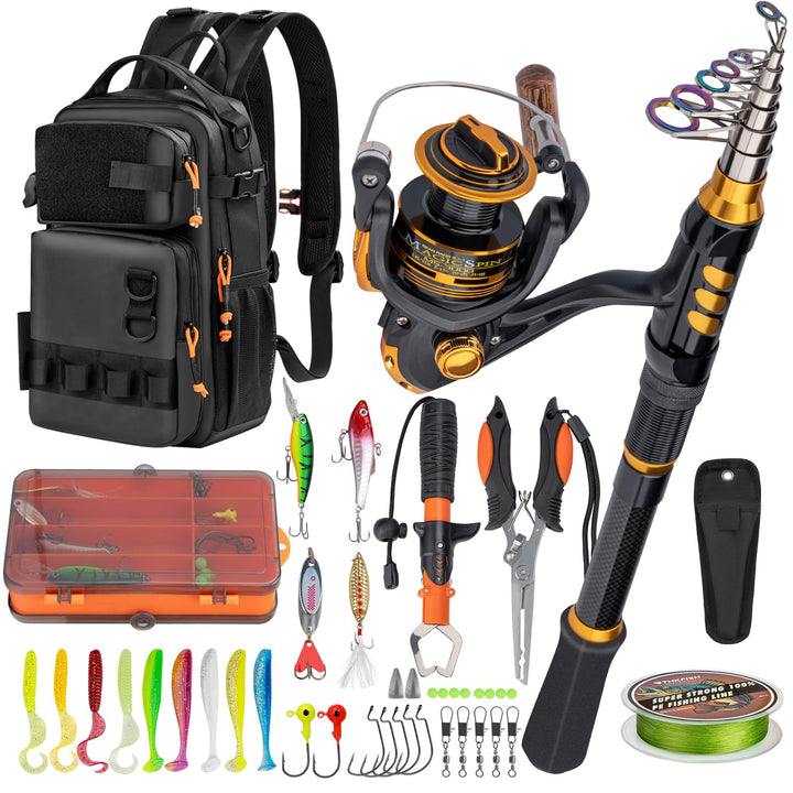 THKFISH Angelrute und Rolle Combo mit Rucksack, Teleskop-Angelrute Spinnrolle Kit mit Angelködern, Z